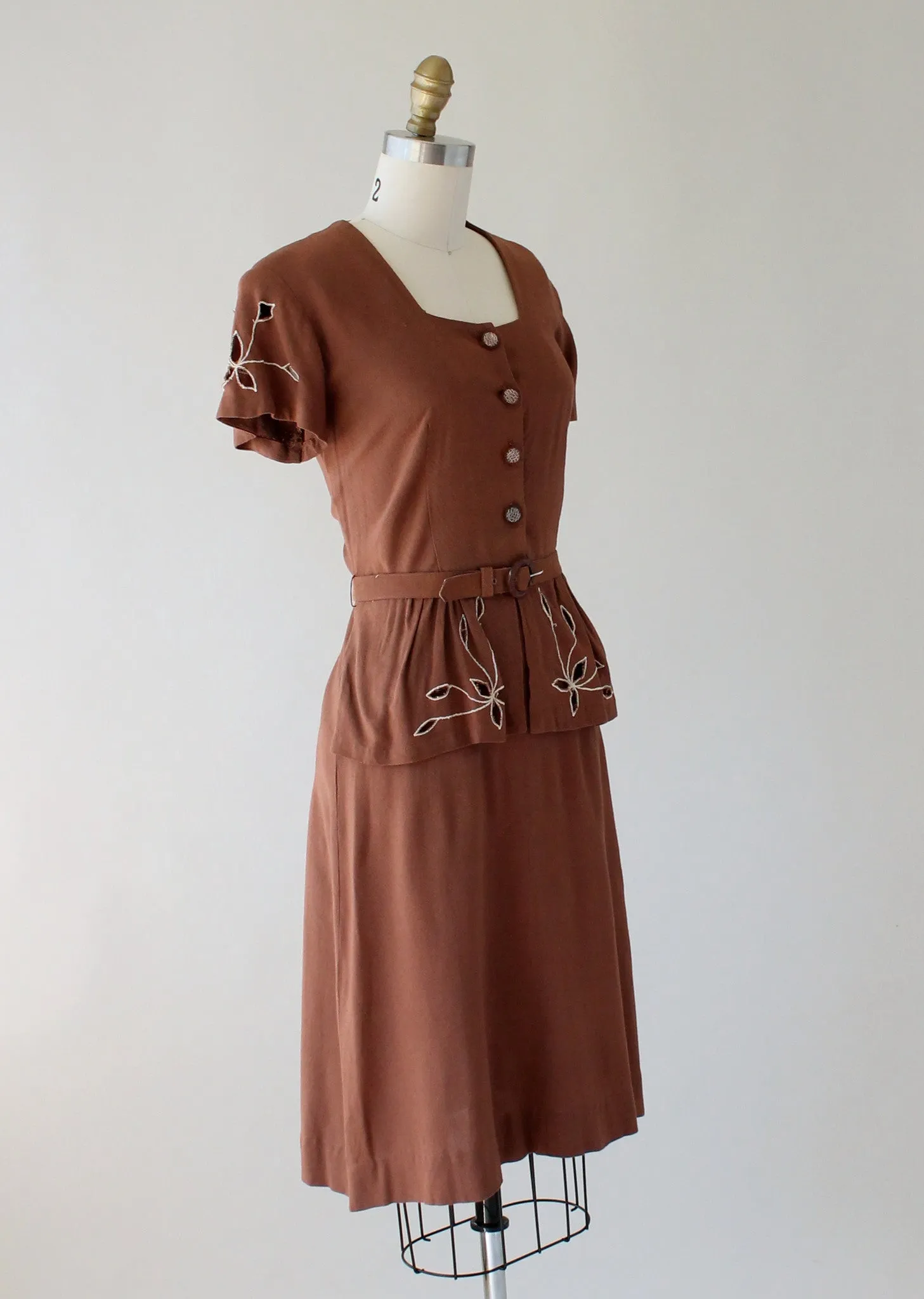 Vintage 1940s Brown Cut Out Peplum Day Dress