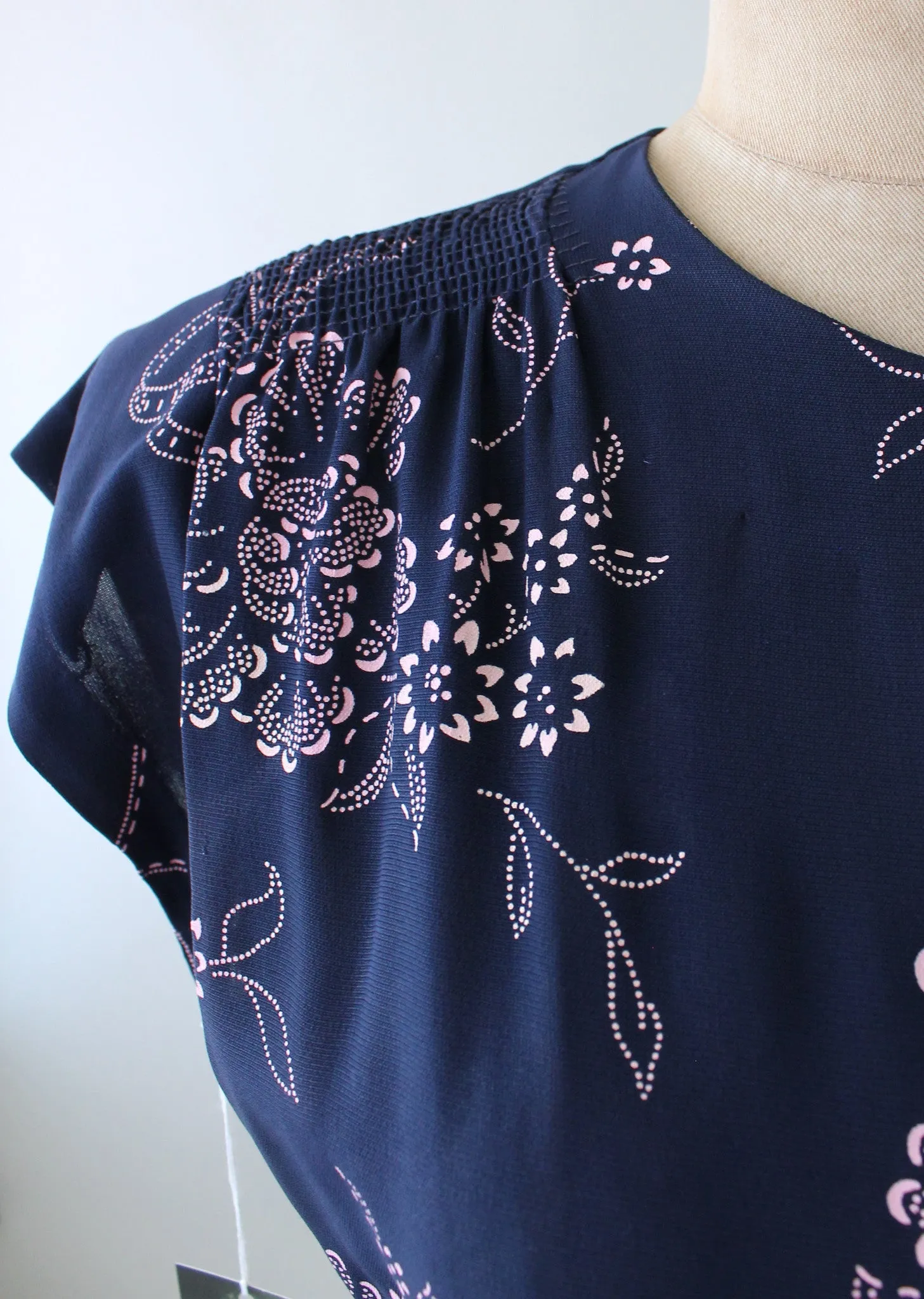 Vintage 1940s Navy and Pink Rayon Floral Dress with Peplum