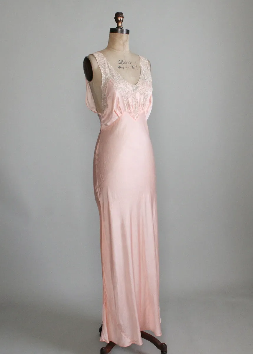 Vintage 1940s Pink Rayon and Lace Shirred Front Gown