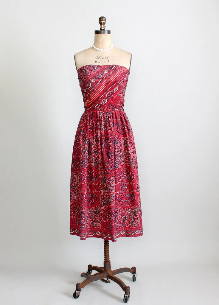 Vintage 1940s Tiki Print Strapless Sundress with Tie Back