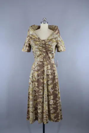 Vintage 1950s New Look Garden Party Dress in Brown & Blue Floral Print