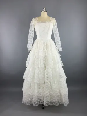 Vintage 1950s Wedding Dress / Tiered Lace Bridal Gown