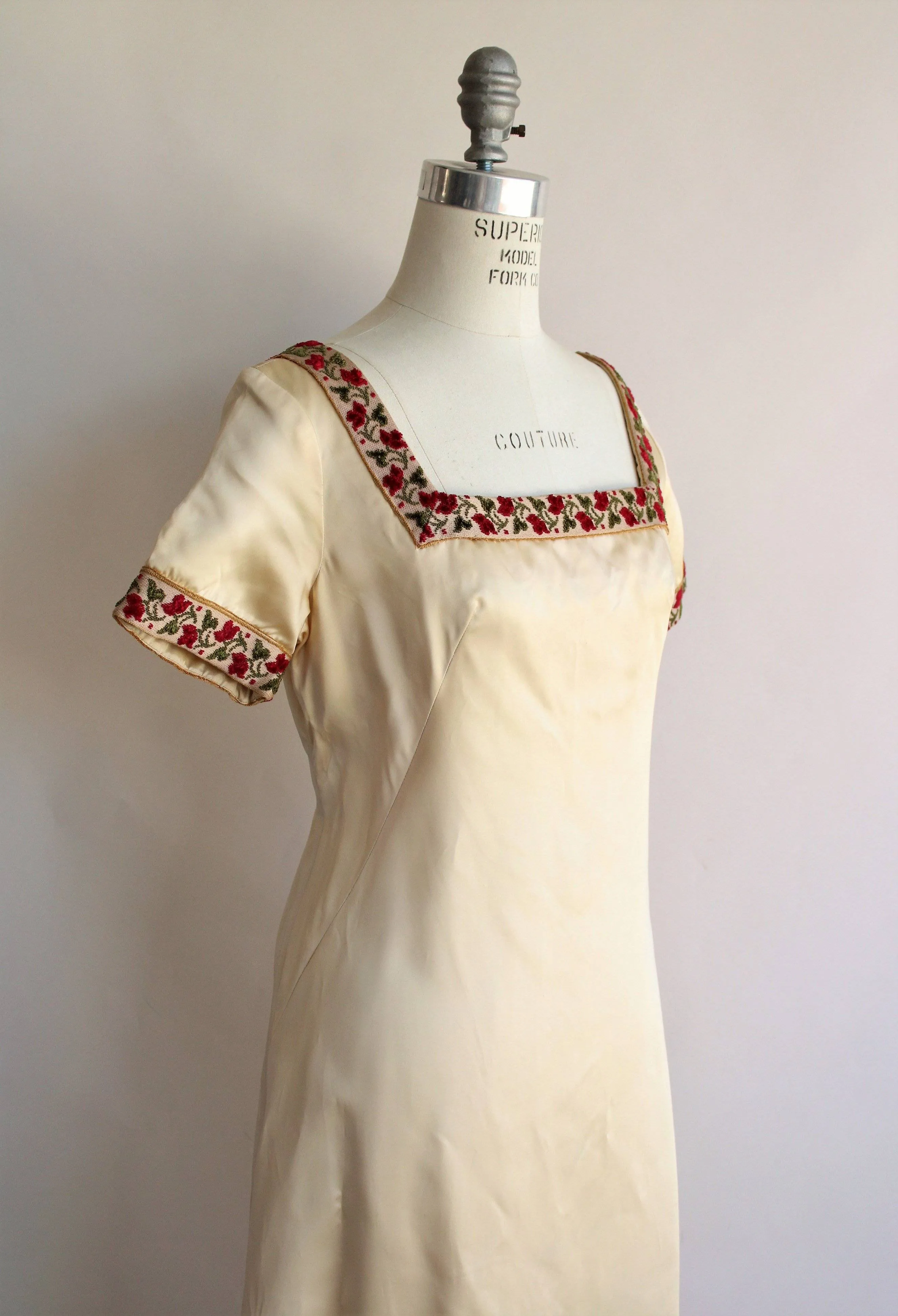 Vintage 1960s Emma Domb Ivory Satin Medieval Inspired Dress