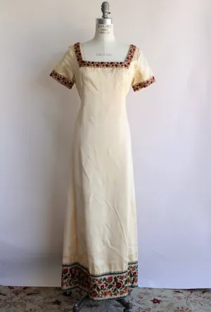 Vintage 1960s Emma Domb Ivory Satin Medieval Inspired Dress