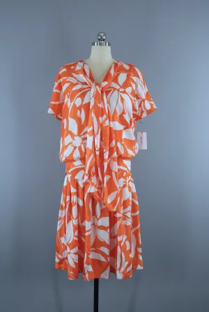 Vintage 1980s Dress / Drop Waist 1920s Style / Orange & White