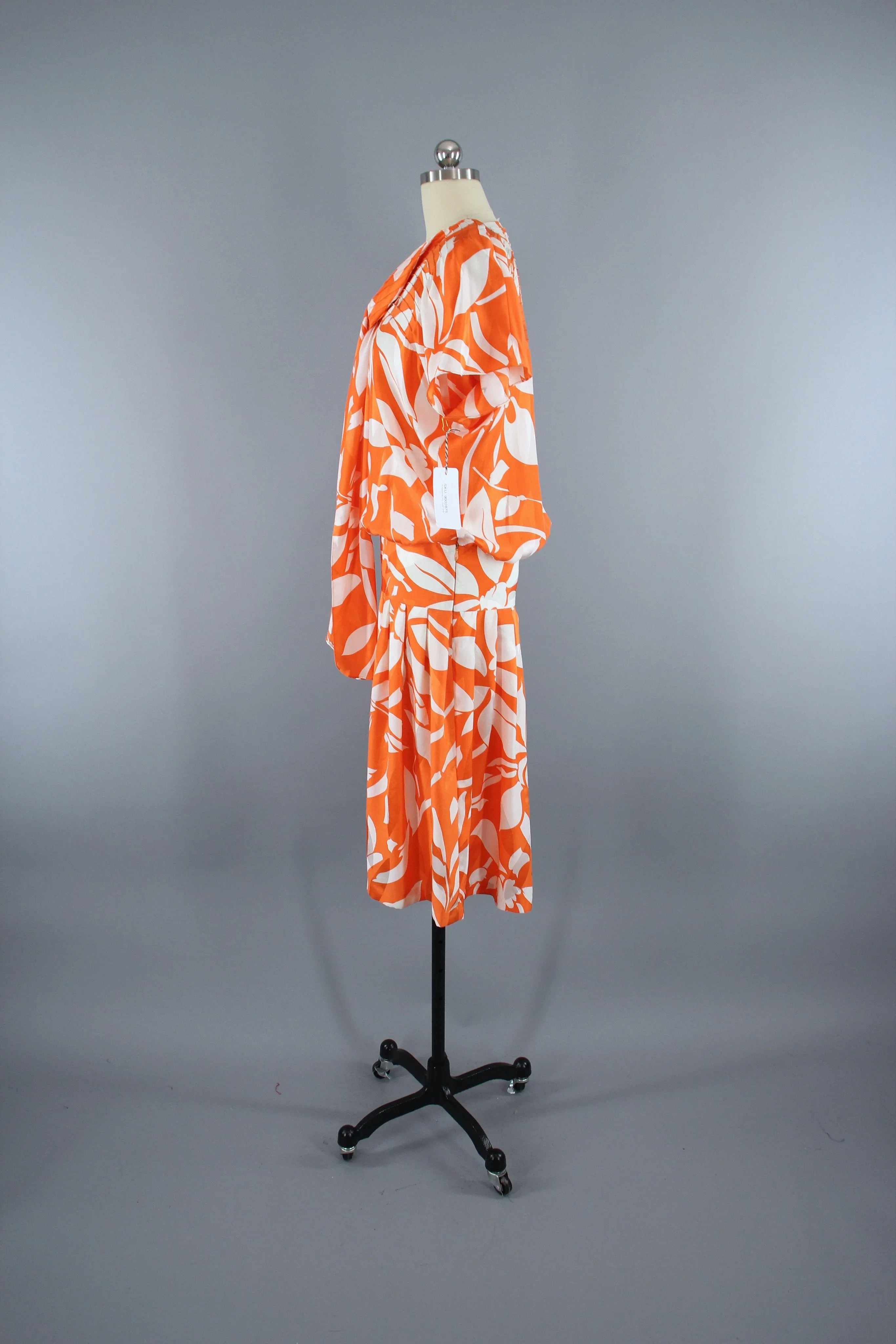 Vintage 1980s Dress / Drop Waist 1920s Style / Orange & White