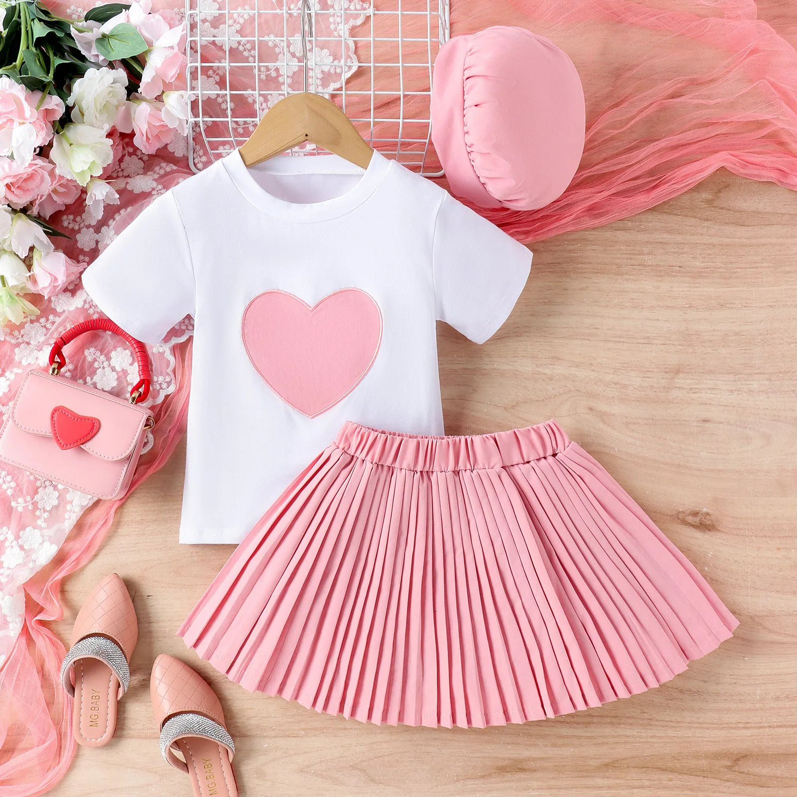 White Stitching Love Short Sleeve Pleated Skirt Hat Girl's Three-piece