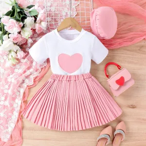 White Stitching Love Short Sleeve Pleated Skirt Hat Girl's Three-piece