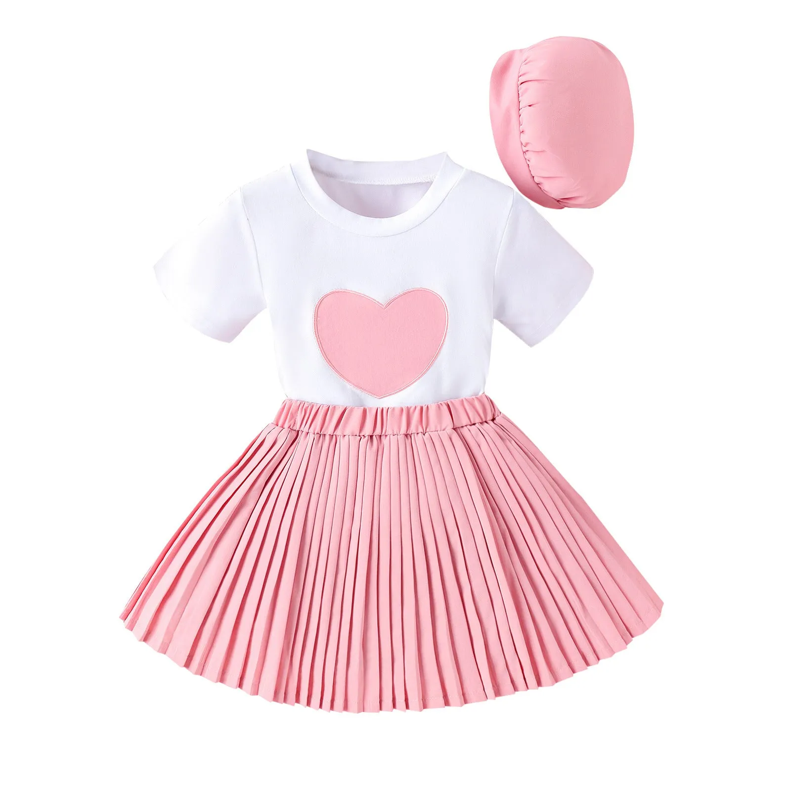 White Stitching Love Short Sleeve Pleated Skirt Hat Girl's Three-piece