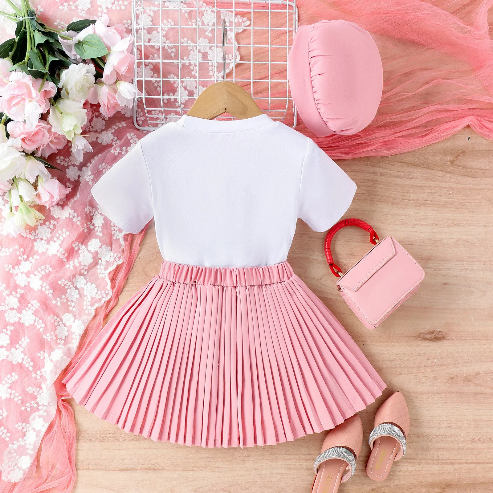 White Stitching Love Short Sleeve Pleated Skirt Hat Girl's Three-piece