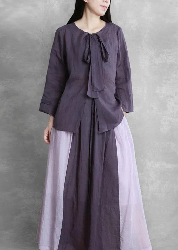 Women's Autumn Purple Suit Lace-up Three-quarter Sleeve Shirt Contrasting Color Sweater Skirt