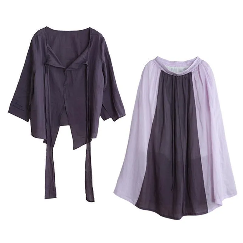 Women's Autumn Purple Suit Lace-up Three-quarter Sleeve Shirt Contrasting Color Sweater Skirt